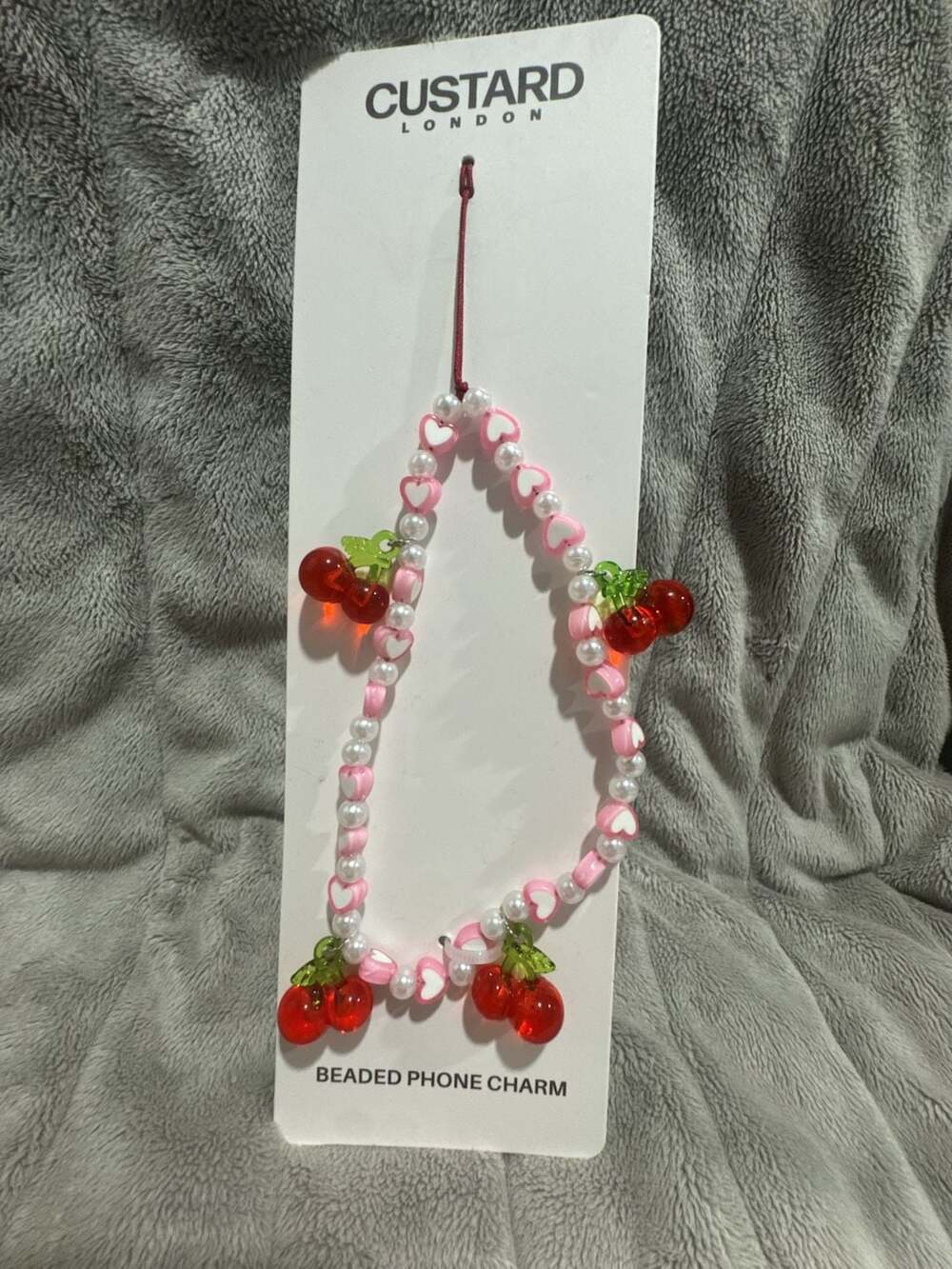 Custard London Cherry Heart Beaded Phone Charm